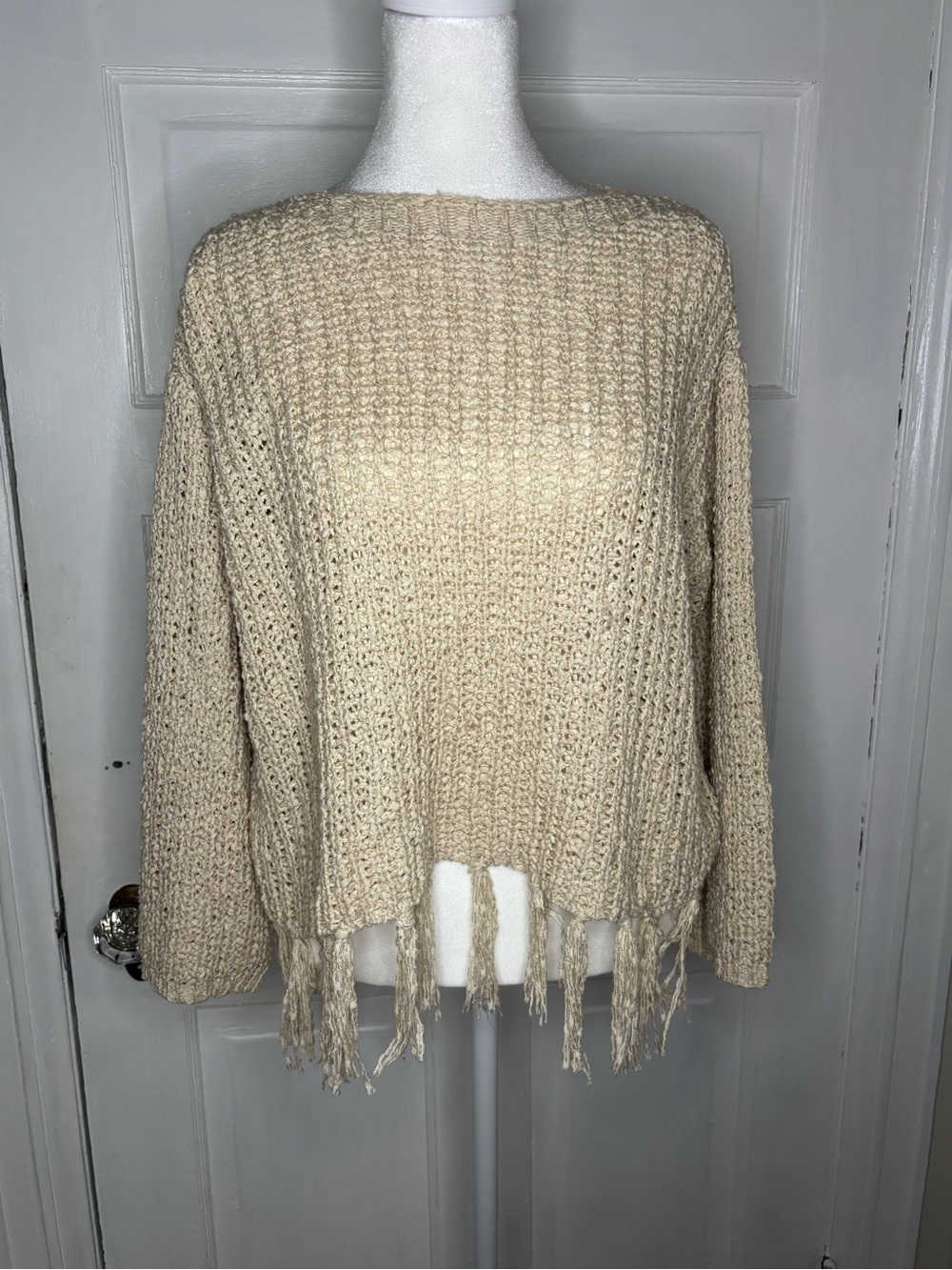 Altar'd State Ivory Fringe Crewneck Sweater